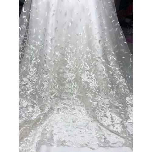 Good Quality African Lace Fabric FLOWER French Lace Fabric With Sequins white Color Nigerian Lace Fabric For Wedding 5 yards