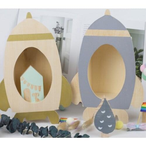 INS Nordic Wooden Rocket Storage Shelf Kids Room Decorations Rocket Model Storage Box Wood Toys For Boy Nursery Decor Wall Shelf