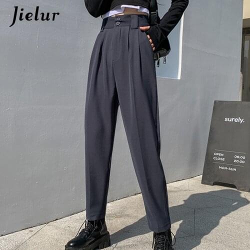 Jielur Chic 2021 New Pants High Waist Retro Cargo Suit Pants Women S-XL Boyfriends Streetwear Cool Black Khaki Trousers Hipster