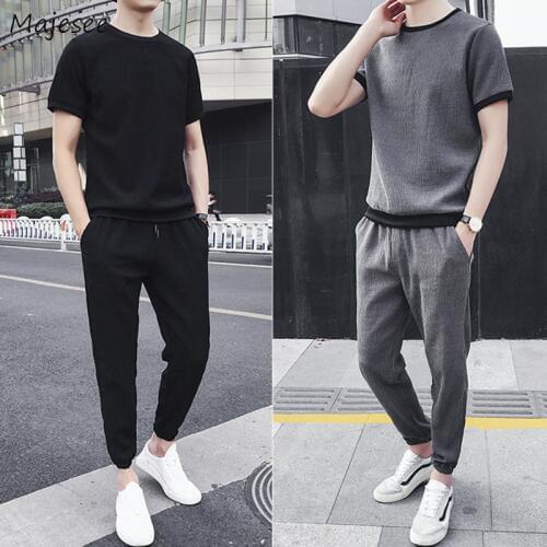 Men Sets Solid Plus Size 4XL Short Sleeve Summer Korean Simple Leisure Fashion Mens Set Chic Students All-match Ins BF Ulzzang