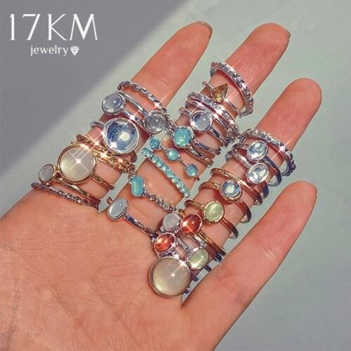 17KM Korean Colorful Stone Rings Set for Women Girls Trendy Metal Chain Geometric Square Round Rings Jewelry Gifts