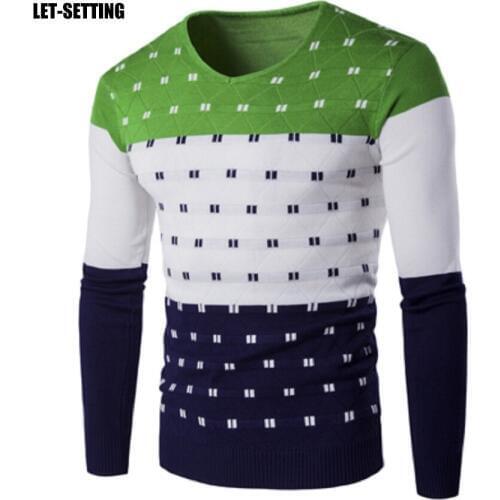 Fashion striped long sleeve v-neck shirt autumn winter color slim fit print pullover warm men sweater M-2XL,green,blue,red,gray
