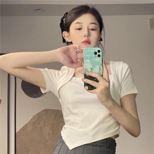 Ins Fashion Women Tshirts Sexy Square Collar Short Sleeve Female T-Shirts Tees Slim Fit Cropped Tops Summer 2021