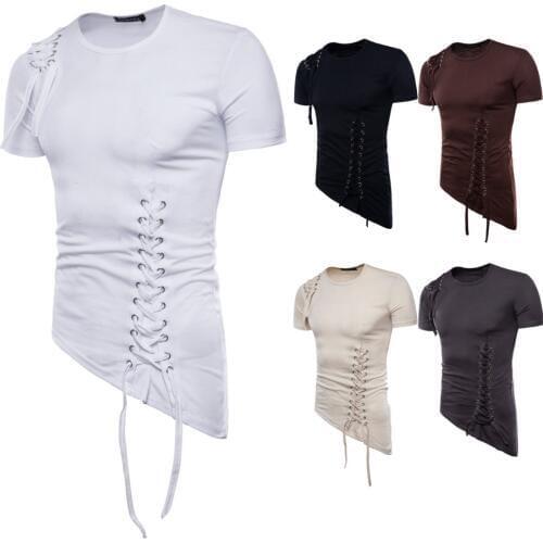 Idopy Men`s Punk T-Shirts Short Sleeve O Neck Gothic Punk Style Irregular Lace Up Steampunk Tees Shirts With Zippers For Hipster