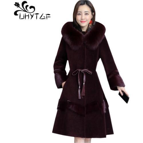 UHYTGF New winter fur jacket Womens high quality Sheep shearing Mink hair long outerwear Faux fox fur collar hooded Lady coat 83