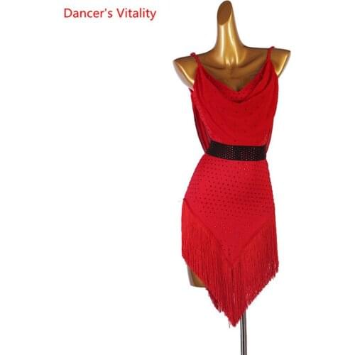 Latin Dance Dress Sling Diamond-Studded Tassel Skirt Performance Clothes High-End Custom Adult Child Competition Clothing
