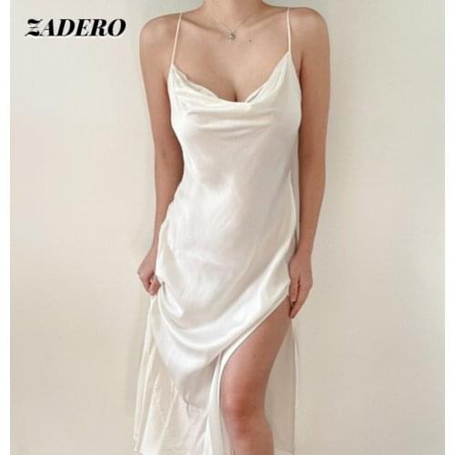 Sexy Satin V Neck Midi Dress Women Spaghetti Strap Sleeveless Backless Lace Up Side Split Slim Party Dress Summer Lady Vestidos