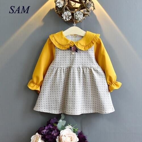 Girls Dresses Autumn Kids Clothing Girls Plaid Patchwork Dress Long-Sleeved Cute Party Outfits Childrens Costumes