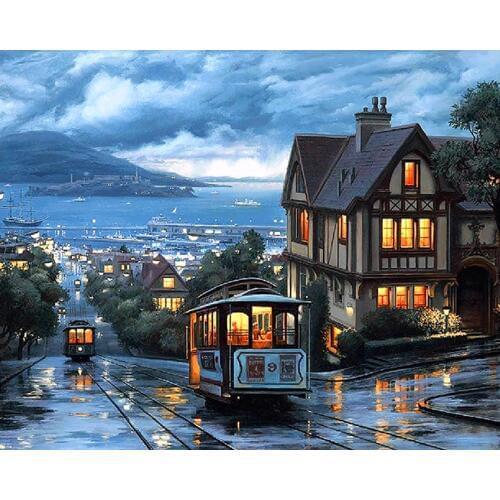 Seaside Decoration Cottage Garden Pictures Town Night View DIY 3D Diamond Embroidery City Lights Car Landscape Paintings Mosaic