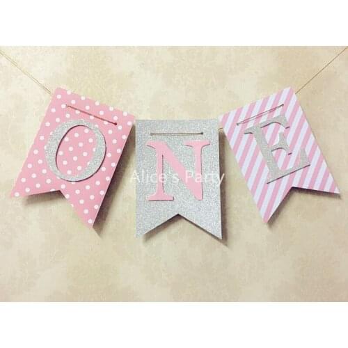 Handmade Silver Glitter paper Birthday Banner Hot Girl first birthday party decoration princess pink dots high chair bunting