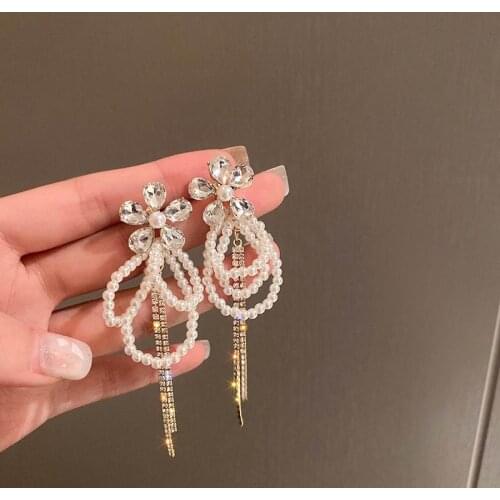 Party Wedding New Crystal Flower Simulated Pearl Tassel Long Earrings For Women Fashion Jewelry Dangle Pendientes