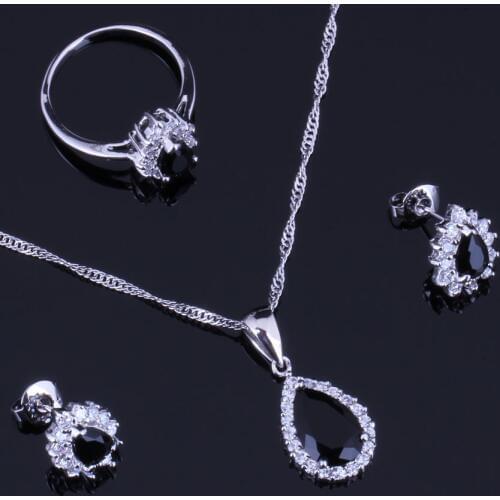 Cheerful Black Cubic Zirconia White CZ Silver Plated Jewelry Sets Earrings Pendant Chain Ring V0328