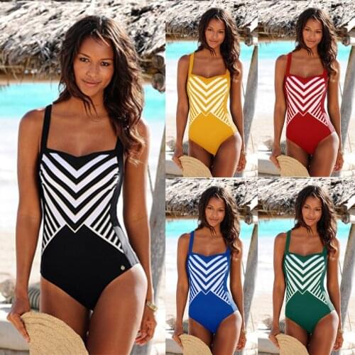 Vintage Swimsuit Women One Piece Bodysuit Stripe Print Swimwear Female Push Up Monokini Summer Beachwear Sport Bathing Suit