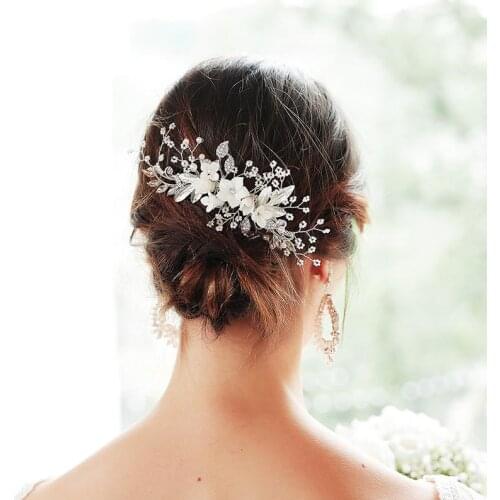 Handmade Silver Color Crystal Pearls Flower Leaf Hair Combs Hairpins Clips Bride Noiva Wedding Hair Jewelry Accessories