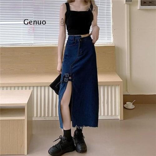 Dark Blue Summer Denim Skirts Women High Waist Split Irregular Pocket Jeans Skirt Vintage Korean Wrap Skirt Long Maxi Sexy
