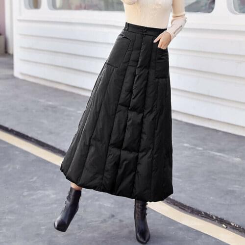 Women Winter Warm Skirt A-linen Swing Mid-length Quilted Padded Pocket Black Ladies Skirt