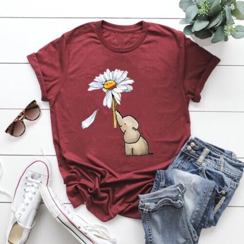 Summer Cartoon Elephant Sunflower T-shirts Women Graphic Harajuku Short Sleeve O Neck Tees Tops for Female Cute Funny Shirts