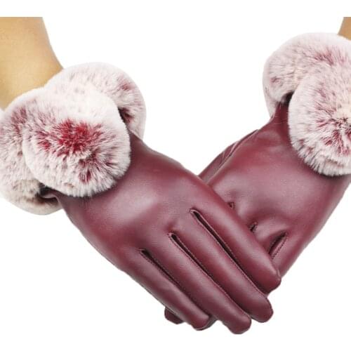 Rabbit Fur Leather Women Gloves Autumn Winter Keep Warm Ladies Mittens Full Finger Korean Style Fashion Luxury Female Mittens