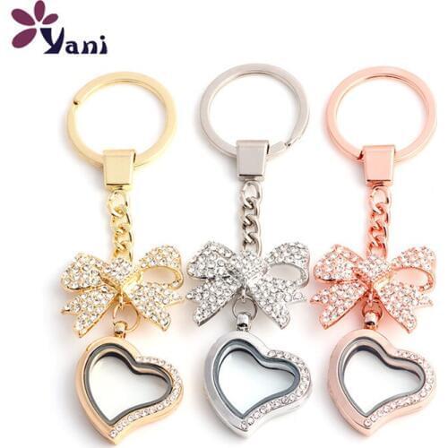 10pcs/lot Free shipping Heart Floating Locket Keychians KeyRing Locket With Crystal Rhinestone Pins Brooches For Women