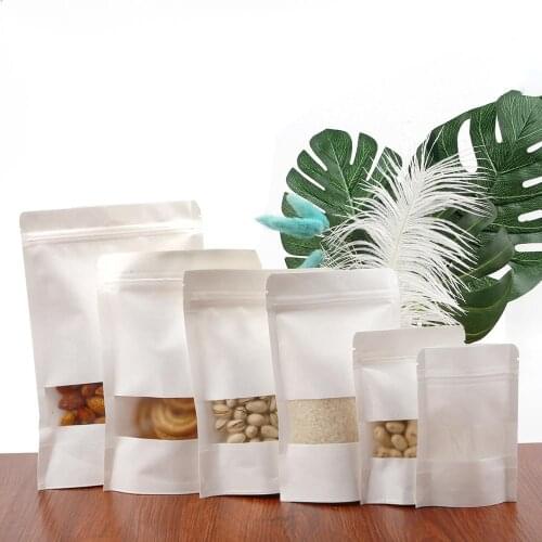10pcs Frosted White Kraft Paper Bag Self Sealing Thickened Windowed Bags Tea Melon Seeds Beef Dried Fruit Zero Food Storage Bags