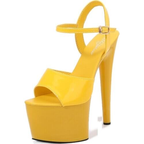 16.5CM Super High Heel Candy Color Ankle Strap Sandals Sexy Open Toe Wedding Women Pumps Summer Ladies Patent Leather High Heels