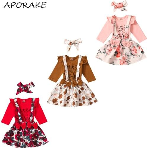 2021 0-24M Baby Girl Sweet Clothing Ruffle Letter Long Sleeve Romper+Flower Suspender Skirt and Headband Spring Autumn 3pcs Set