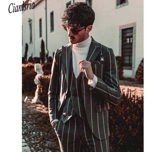 3 Piece Grey Striped Customized Wedding Tuxedos Slim Fit One Button Jacket Pants Suits Business Party Prom Blazer