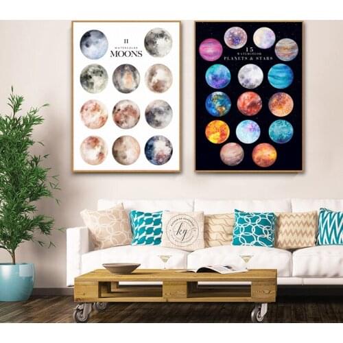 Watercolor Moon Space Nebula Painting Wall Art Canvas Painting Abstract Moon Posters and Prints Wall Picture for Room Decoration