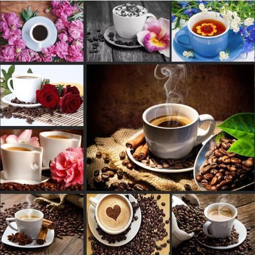 5D DIY Diamond Painting Coffee Full Drill Round Landscape Cross Stitch Mosaic Full Layout Kitchen Wall Decoration