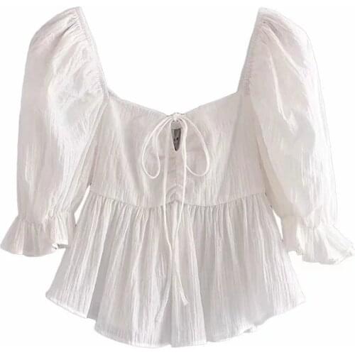 ZA White Sexy Lace Bandage Off Shoulder Shirts Summer Women Crop Short Sleeve Tops Casual Elegant Lady Tops New Wear