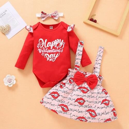 3pcs Valentines Day Newborn Baby Girls Long Sleeves Bodysuit Babysuit Top Headband Printed Skirt Clothes Set 3 6 12 16 18 Month