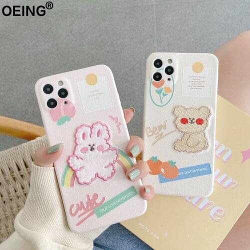 OEING Embroidery Cute Phone Case For Iphone 12 Pro Max 11 7 8 X Xs Max Xr SE Bear Rabbit Full Lens Protection Couple Case Cover