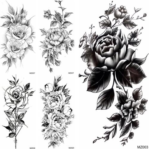 Black Flower Temporary Tattoos Sticker Geometric Rose Pencil Sketch Tatoos Fake For Women Waterproof Body Art Arm Tatoos Paper