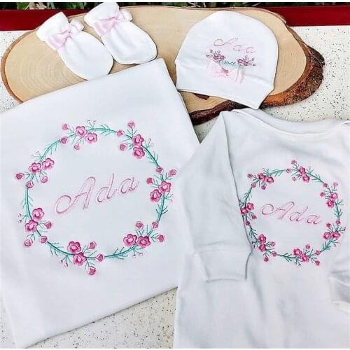 Jaju Baby Handmade, Flower and Name Embroidered Baby Rompers Set
