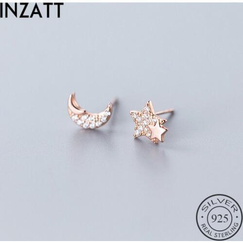 INZATT Real 925 Sterling Silver Zircon Moon Stud Earrings For Fashion Women Cute Fine Jewelry Minimalist Accessories Gift