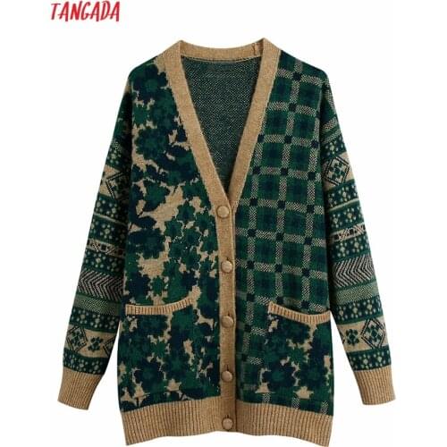 Tangada Women 2021 Fashion Green Jacquard Knit Cardigan Sweater Vintage Long Sleeve Pockets Female Outerwear BE76