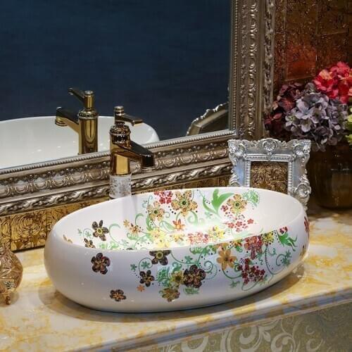 Chinese style bathroom ceramic wash basin blue porcelain counter top basin wash ceramic wash basin models oval shape
