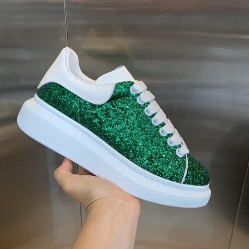 Hot Sale New Coming Shiny Green Material Real Leather Back Thick Bottom Sports Sneaker Man Soft Platforml Runnnig Woman Shoes