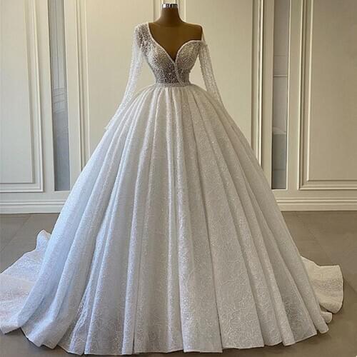 2021 New Arrival Lace Beads Ball Gown Wedding Dress Vestido De Noiva Unique Design One Shoulder Long Sleeve Wedding Bridal Gowns