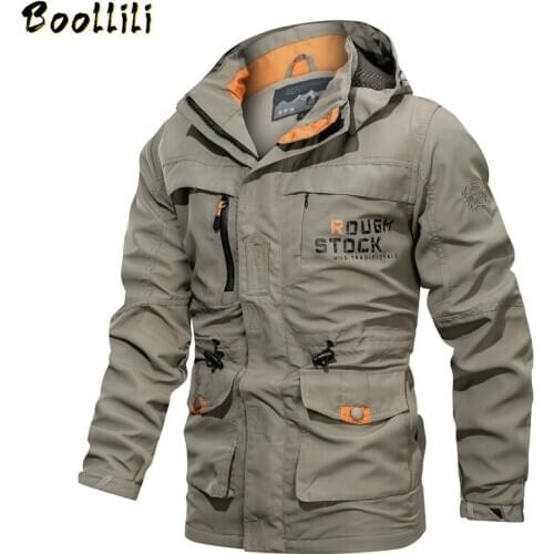 Spring Autumn Mens Bomber Casual Jacket Army Military Waterproof Windbreaker Jacket Multi-pocket Tactical Jacket Hooded Coat