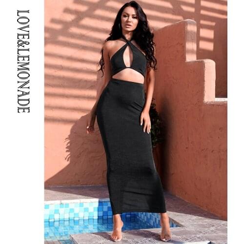 LOVE&LEMONADE Sexy Black Cross Cut Out Slim High Waist Elastic Knit Holiday Set LM83249