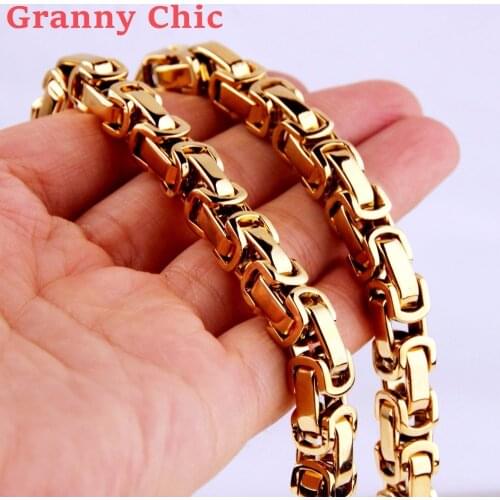 7-40 inch 6/8mm 316L Stainless Steel Gold Tone Mens Byzantine Link Chain Necklace