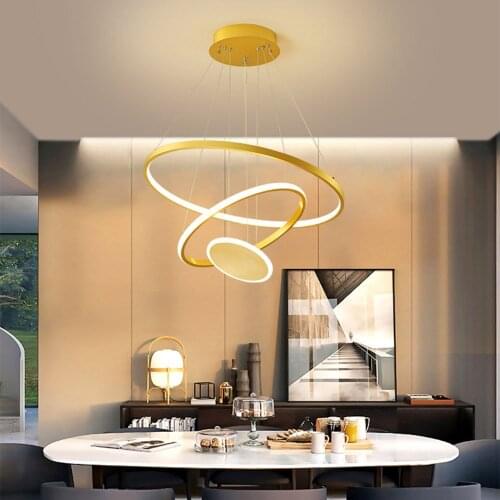 New Nordic Simple Gold Luster 3 Layer Round Ring LED Chandelier for Bedroom Living Dining Study Room Loft Interior Light Fixture