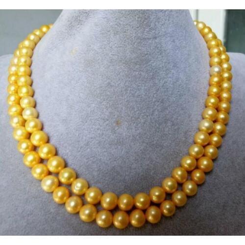 Charming 8-9 mm AAA round natural gold pearl necklace 35" 50" Yellow clasp