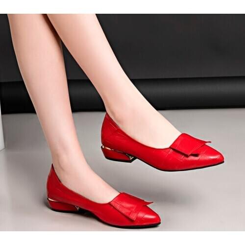 2020 Autumn Women Boat Shoes Low Heels Dress Shoes Red Shallow Shoes Black Flats Pointed Toe Ladies Shoes zapatos mujer 8424G