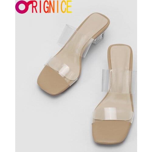 Orignice Sexy Hot Sale Crystal Heels Slippers Women Sandals Summer Transparent PVC Square Toe Wedding Shoes Big Size 34-43