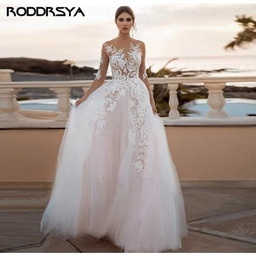 Sheer 3/4 Sleeves See Through Wedding Dress Floral Applique Sexy Illusion Lace Wedding Bridal Gown