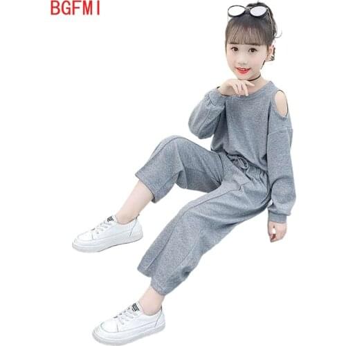 Baby Girl Kids Cotton Sports Set Spring Fall New Korean Youth Girls Off-shoulder Top + Wide-leg Pants 2pcs Grey Black Sets