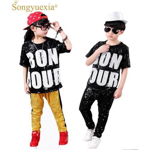Songyuexia Children jazz dancing costumes girls and boy set kids hiphop hip - hop Sequins costumes girls performance costumes
