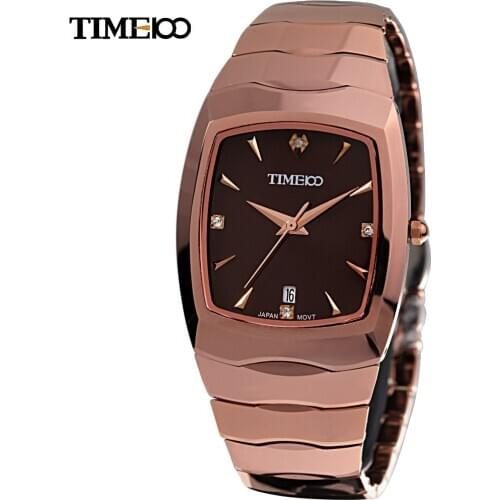 TIME100 Simple Mens Analog Calendar relojes Coffee Tungsten Steel Band Square Dial Business Casual Quartz Wrist Watch For Men